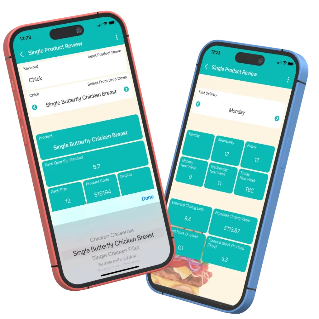Two iPhones showing the app's single product view feature.